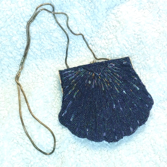 None Handbags - Vintage Iridescent Blue Beaded Dressy Evening Clutch with Gold Chain
